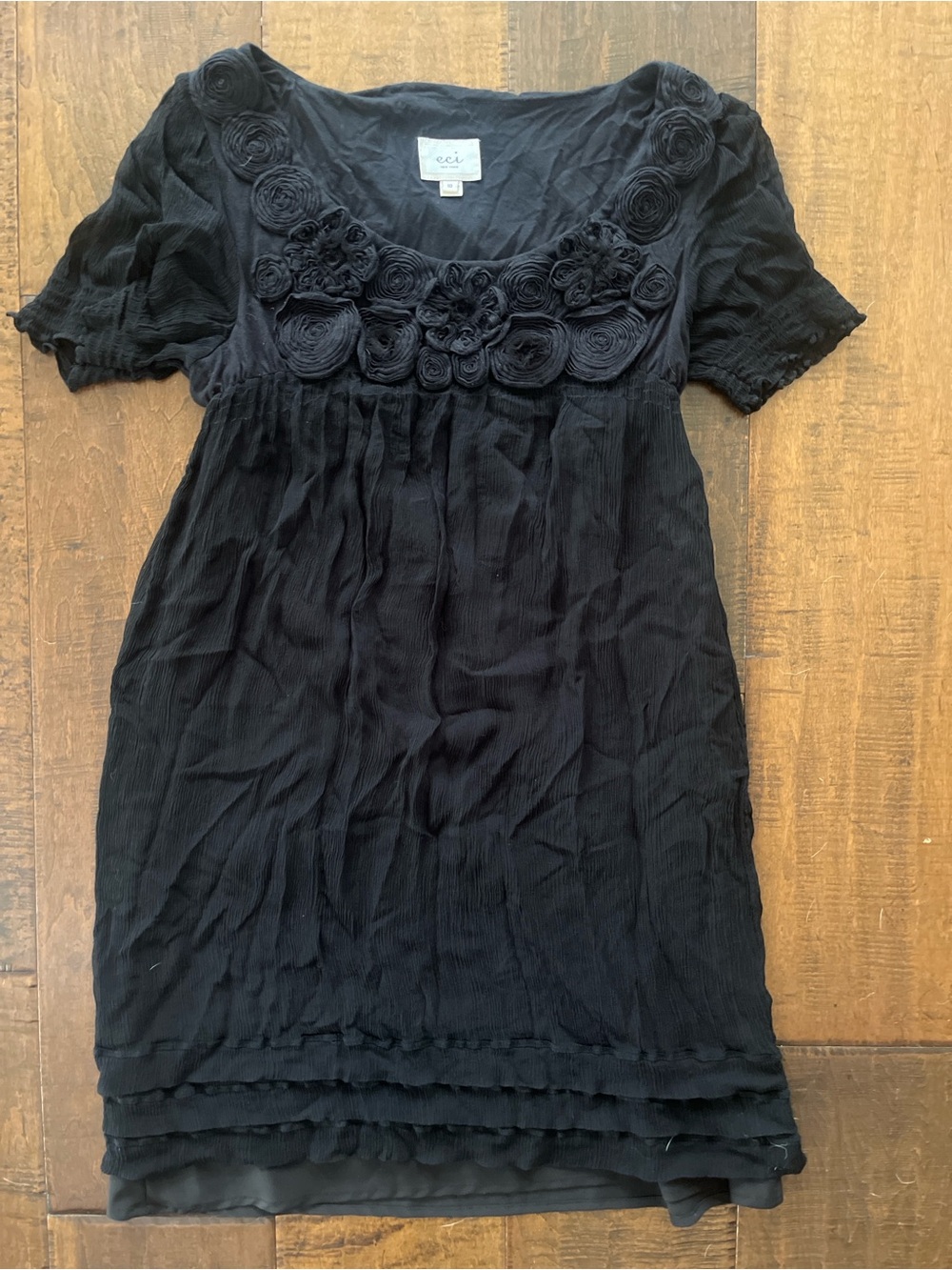 Vintage Y2K ECI New York black silk crinkled chiffon empire waist babydoll dress